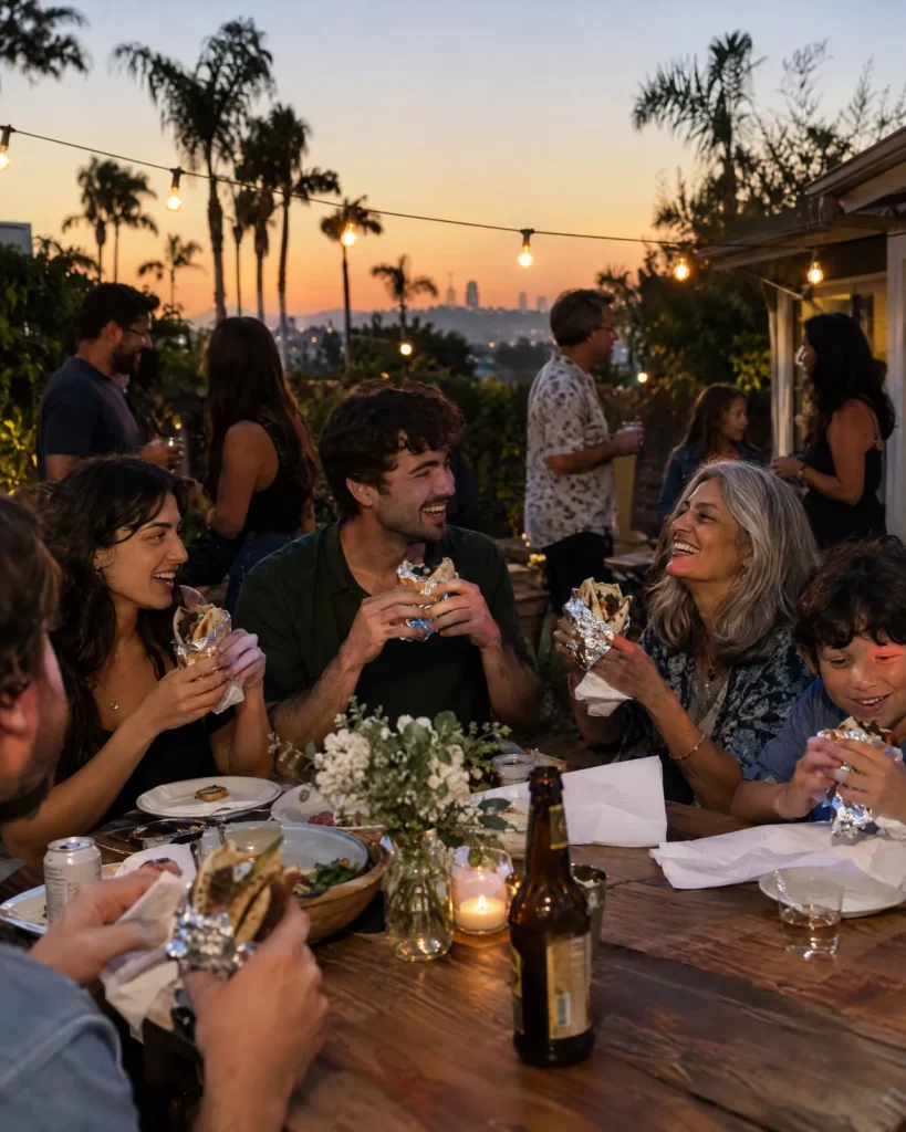 Backyard birthday party with gyros at dusk