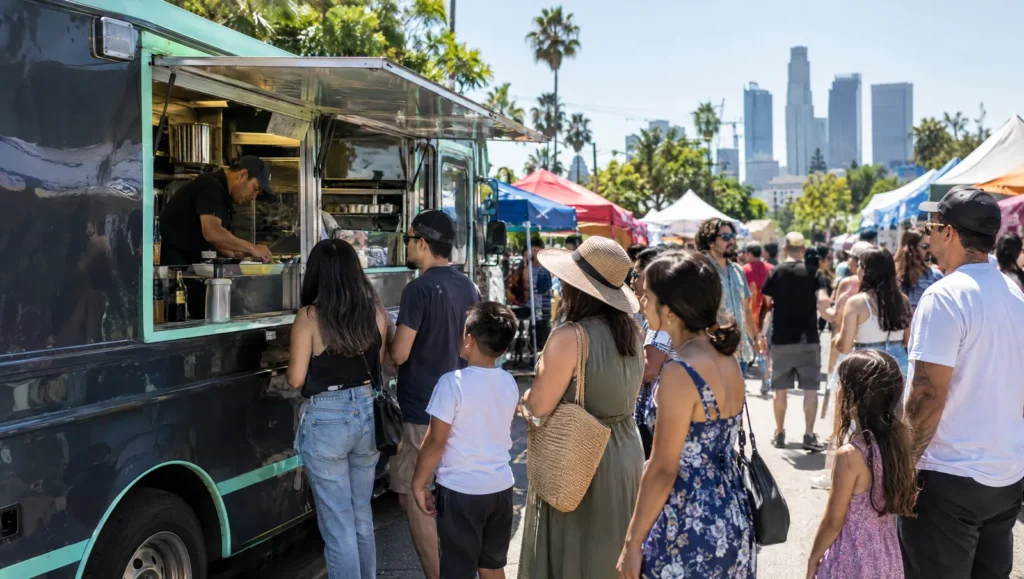 Guests in line at the Greek food truck at a street festival
