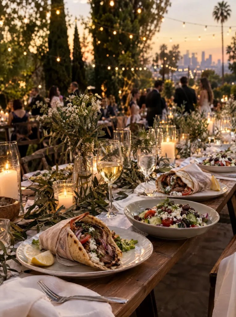 Wedding reception table with gyros and Greek salad under string lights