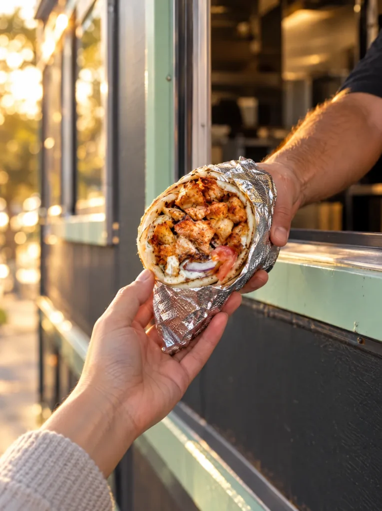 Gyro in pita handed through the food truck window